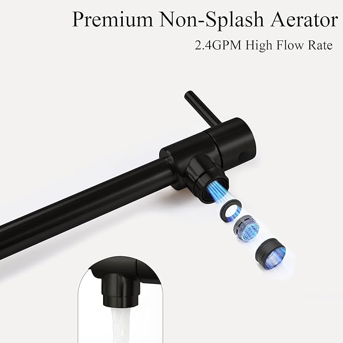 Pot Filler Faucets with Brass Wall Mount Double Joint Swing Arms for Kitchen, Sink, Stove and Bar - Leak Free Designs with High-Flow Aerators - Retractable & Folding for Space Saving - Matte Black