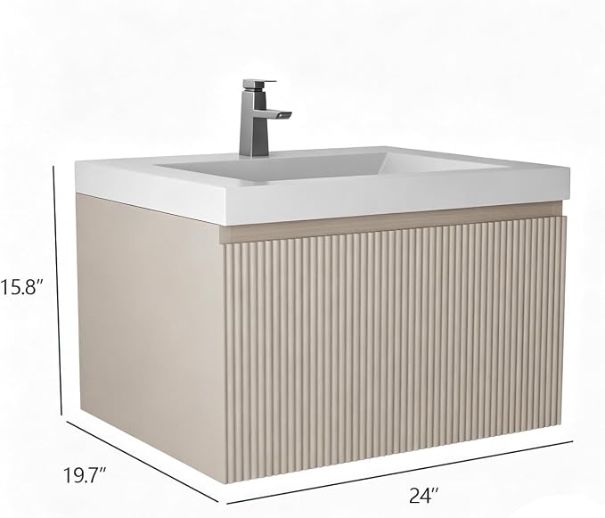 24 Inch Floating Bathroom Vanity with Sink, Wall-Mounted Striped Storage Cabinet with Soft-Close Drawer, Glossy White Solid Surface Basin, Fully Assembled, Natural Oak Finish