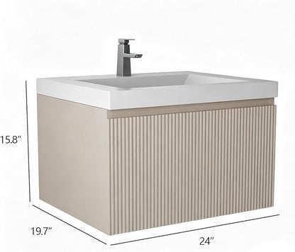 24 Inch Floating Bathroom Vanity with Sink, Wall-Mounted Striped Storage Cabinet with Soft-Close Drawer, Glossy White Solid Surface Basin, Fully Assembled, Natural Oak Finish