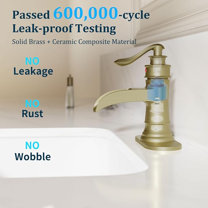 Brushed Gold Waterfall Bathroom Faucet Single Handle Bathroom Sink Faucet | 1 Hole or 3 Hole Sink Brass Waterfall Faucet for Vintage Antique Lavatory Washroom with Pop Up Drain Deck Plate by BATHLAVISH