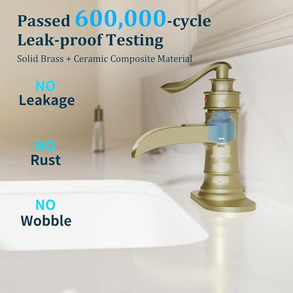 Brushed Gold Waterfall Bathroom Faucet Single Handle Bathroom Sink Faucet | 1 Hole or 3 Hole Sink Brass Waterfall Faucet for Vintage Antique Lavatory Washroom with Pop Up Drain Deck Plate by BATHLAVISH
