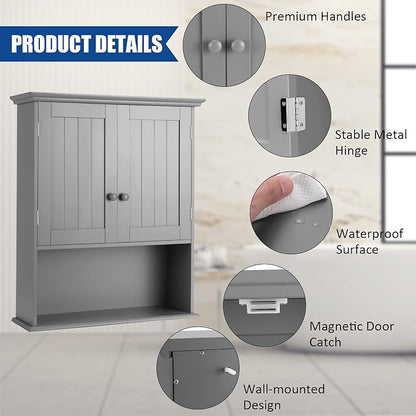 COSTWAY Wall Mounted Bathroom Cabinet, Over the Toilet Storage Cabinet | Double Doors & Adjustable Shelf, Wood Hanging Medicine Cabinet for Living Room, Entryway, Kitchen (Gray)