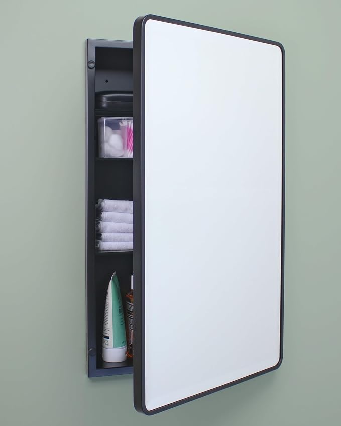 16x26 Austin Farmhouse Metal Framed Rounded Rectangle Recessed Bathroom Medicine Cabinet, Beveled Mirror, 14x24 in-Wall Opening, powder-coated Steel, Adjustable Glass Shelves, Magnet Close, Black