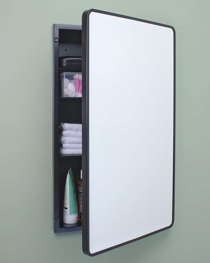 16x26 Austin Farmhouse Metal Framed Rounded Rectangle Recessed Bathroom Medicine Cabinet, Beveled Mirror, 14x24 in-Wall Opening, powder-coated Steel, Adjustable Glass Shelves, Magnet Close, Black