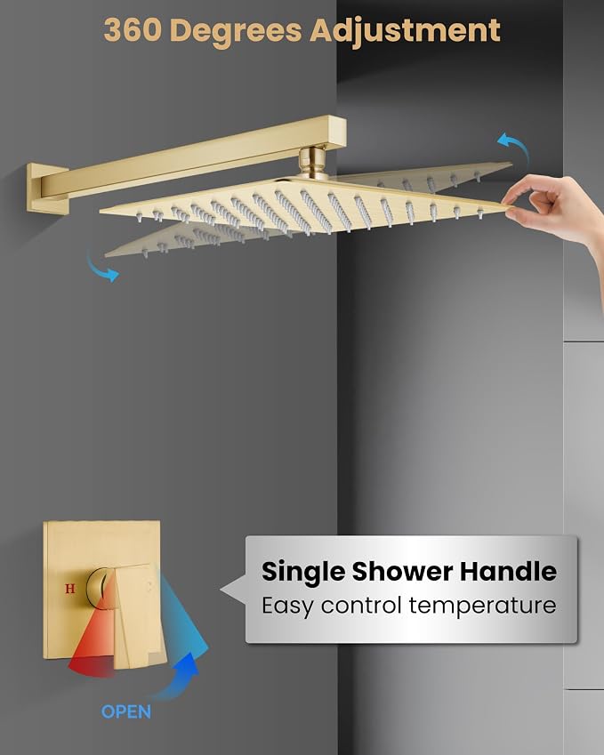 Airuida 10 Inch Brushed Gold Shower Faucet Set,Shower Valve Kit | Rainfall Shower Head and Handle Set,Female Thread Rough-in Valve Shower Kit,Single Function Shower System