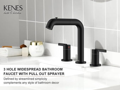 KENES Matte Black Pull Out Bathroom Faucet, 8 Inch 2 Handle Widespread Bathroom Faucet 3 Hole with Pull Down Sprayer, Bathroom Sink Faucet with Pop Up Drain & Supply Lines LJ-9058A-2