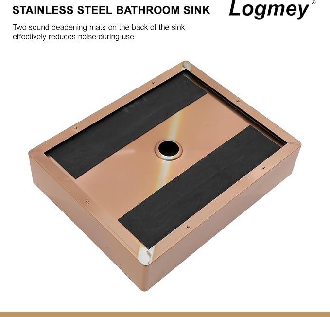 Logmey 16" Rose Gold Shallow Bathroom Vessel Sink 16x12 Handmade 16 Gauge Stainless Steel Above Counter Rectangle RV Bathroom Sinks with Pop up Drain Set