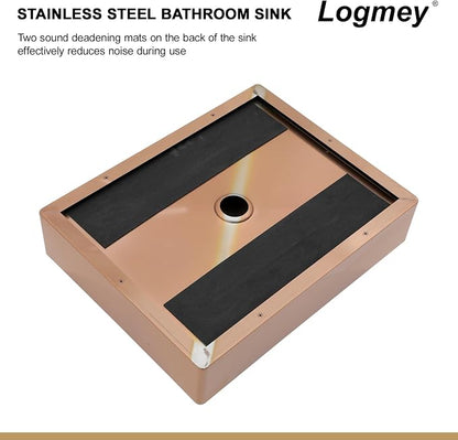 Logmey 16" Rose Gold Shallow Bathroom Vessel Sink 16x12 Handmade 16 Gauge Stainless Steel Above Counter Rectangle RV Bathroom Sinks with Pop up Drain Set