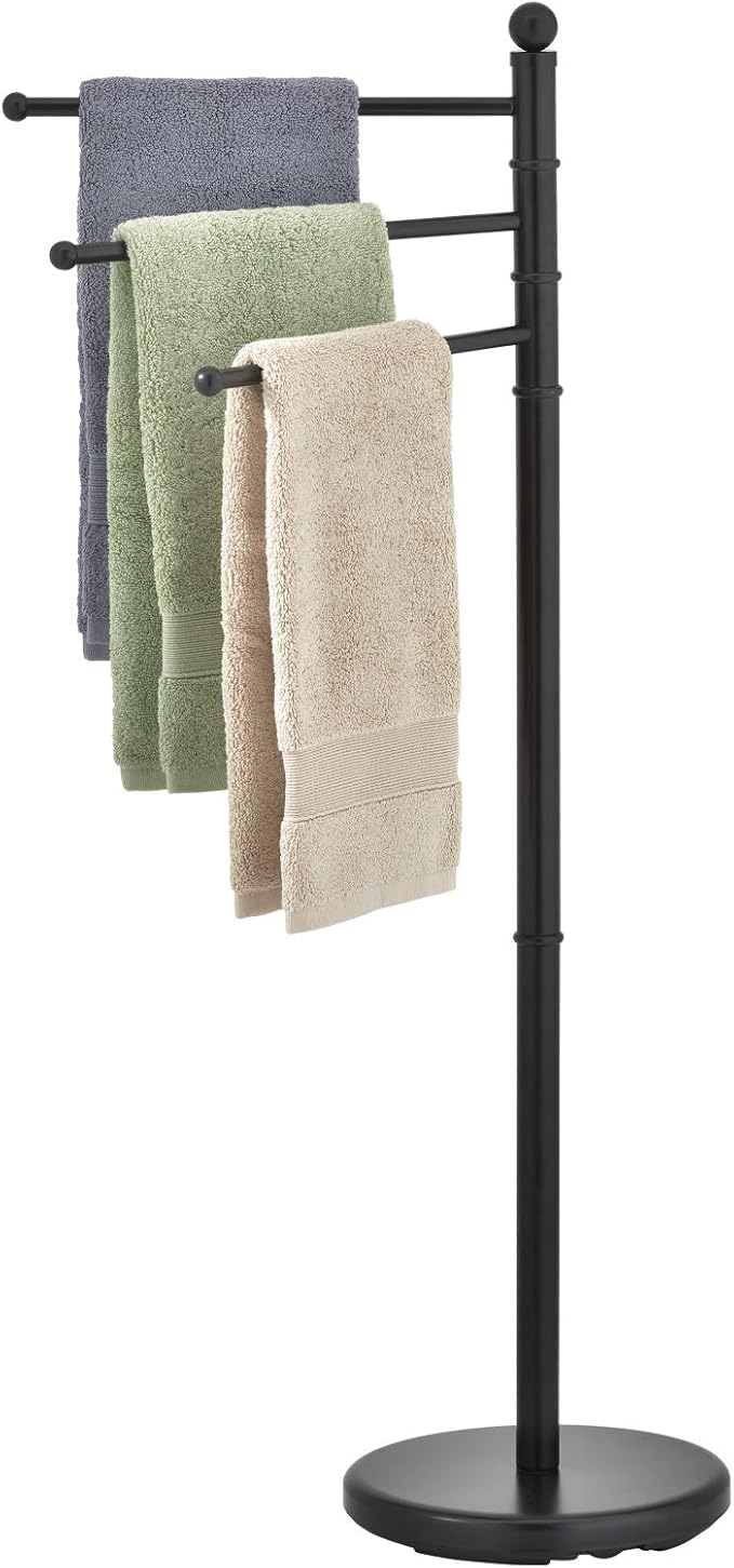 MyGift 40 Inch Black Metal Standing Towel Rack with 3 Swivel Arms | Freestanding Bathroom Towel Rack, Hanging Drying Rack for Home, Spa, Poolside
