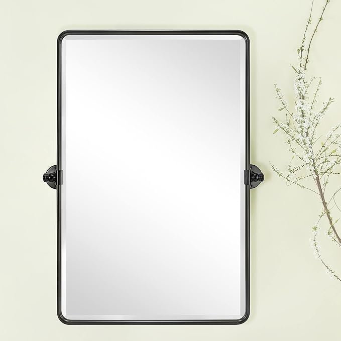 TEHOME Oil Rubbed Bronze Pivot Rectangle Mirrror Farmhouse Tiltable Rounded Metal Framed Pivoting Bathroom Mirror with Beveled Mirrror, Overall 26.91 x 35 inches (Mirrror 23 x 35 inches)