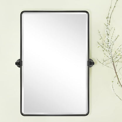 TEHOME Oil Rubbed Bronze Pivot Rectangle Mirrror Farmhouse Tiltable Rounded Metal Framed Pivoting Bathroom Mirror with Beveled Mirrror, Overall 26.91 x 35 inches (Mirrror 23 x 35 inches)