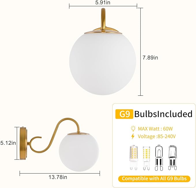 2-Pack Wall Sconce for Bathroom, Vintage Brushed Gold Vanity Lights, Wall Mount Light Fixtures With Milk Glass Globe Shade, Indoor Wall Lights Fixture for Bedroom Living Room Mirror Hallway(G9 Incl.)