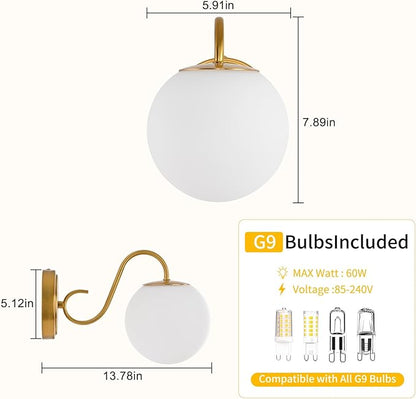 2-Pack Wall Sconce for Bathroom, Vintage Brushed Gold Vanity Lights, Wall Mount Light Fixtures With Milk Glass Globe Shade, Indoor Wall Lights Fixture for Bedroom Living Room Mirror Hallway(G9 Incl.)