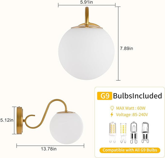 Vintage Bathroom Vanity Light Fixtures Over Mirror, Brushed Gold Vanity Lights For Bathroom With Milk White Glass Globe Shade, Wall Sconces For Bedroom, Hallway, Dressing Table(Includ G9 Bulb)