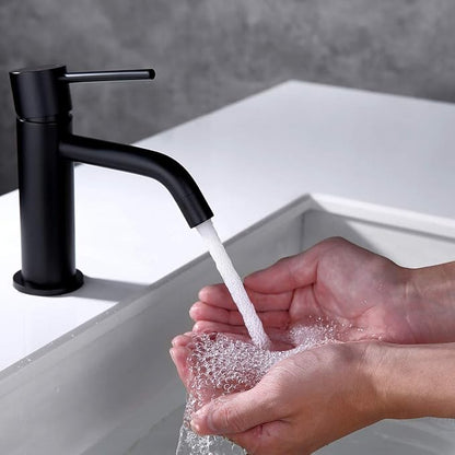 Single Hole Matte Black Bathroom Faucet with Pop Up Drain Assembly and Faucet Supply Hose, JXMMP Single Handle Lavatory Faucets for Sink, Black Sink Faucet Bathroom