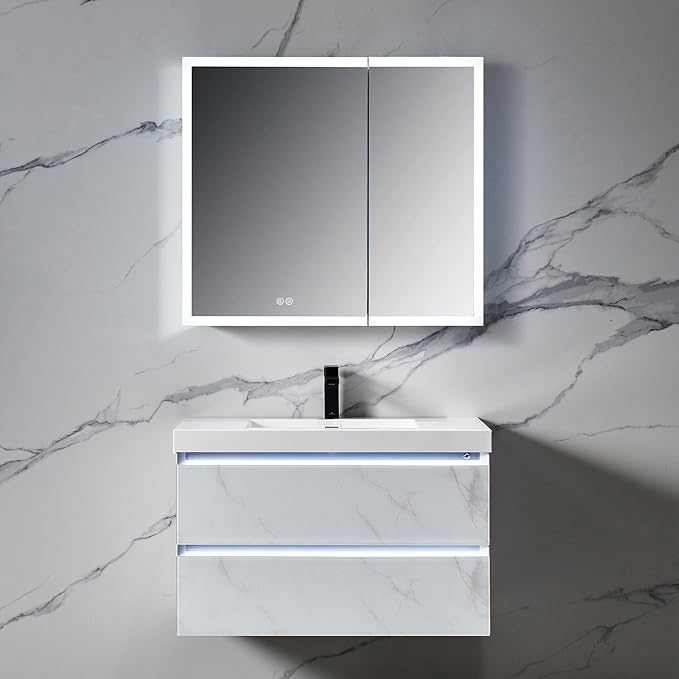 Blossom LED Mirror Medicine Cabinet with Lights, 36x32 Inch, Wall Mounted LED Lighted Bathroom Medicine Cabinet, Recessed/Surface with Defogger, Adjustable Brightness, Makeup Mirror with Lights