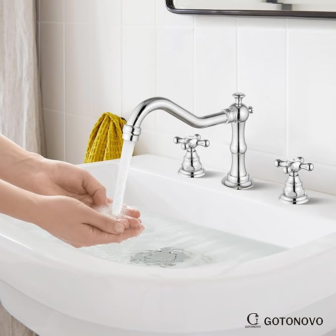 gotonovo Bathroom Faucet 3 Hole 8 Inch Widespread Bathroom Sink Faucet 2 Cross Handles Vintage Lavatory Vanity Mixer Tap with Pop Up Drain, HOT Cold Label, Polish Chrome