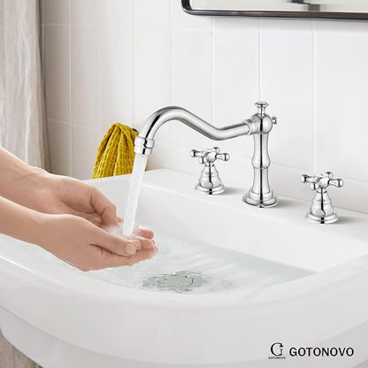 gotonovo Bathroom Faucet 3 Hole 8 Inch Widespread Bathroom Sink Faucet 2 Cross Handles Vintage Lavatory Vanity Mixer Tap with Pop Up Drain, HOT Cold Label, Polish Chrome