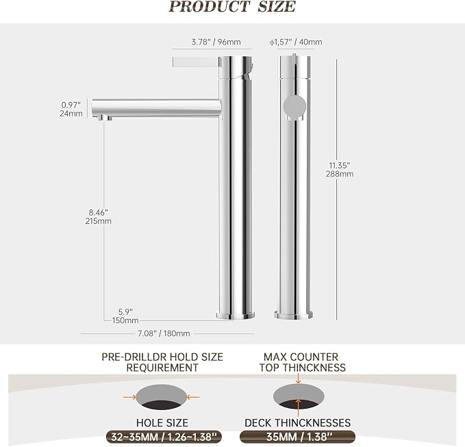 Chrome 1 Hole Tall Bathroom Vessel Sink Faucet, Single Hole Single Handle High Bathroom Faucet, with Pop Up Drain and Water Supply Line,FH01-C-V