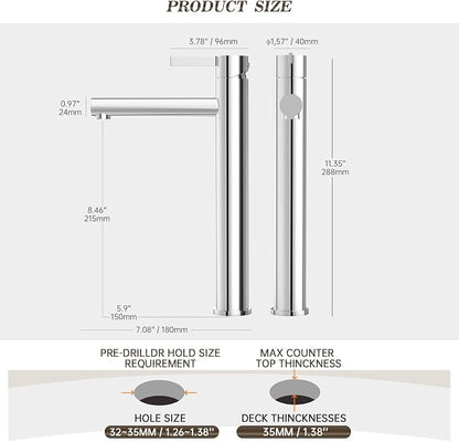 Chrome 1 Hole Tall Bathroom Vessel Sink Faucet, Single Hole Single Handle High Bathroom Faucet, with Pop Up Drain and Water Supply Line,FH01-C-V