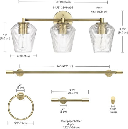 GLOBE Electric 63000063 5-Piece All-in-One Bathroom Set, Matte Brass Finish, 3-Light Vanity Light, Glass Shades, Towel Bar, Toilet Paper Holder, Towel Ring, Robe Hook, Bathroom Lights Over Mirror