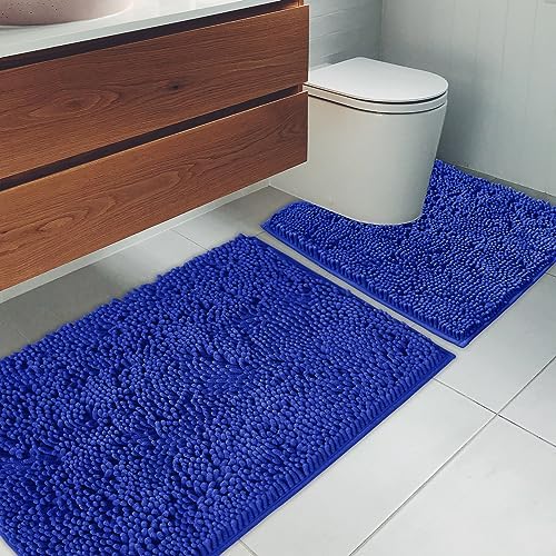 Bathroom Rugs Chenille Bath mat 2 Piece Set, Super Absorbent, Strong PVC Non Slip Backing, Bath mats for Bathroom, Plush Shaggy, Thick, Machine Washable, Bathtub, Toilet.(Royal Blue)
