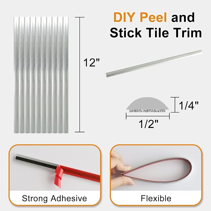STICKGOO 10-Pack Peel and Stick Trim for Backsplash Tile Edge, 12" Tile Edge Trim Self-Adhesive Liner for Corner Decor in Silver