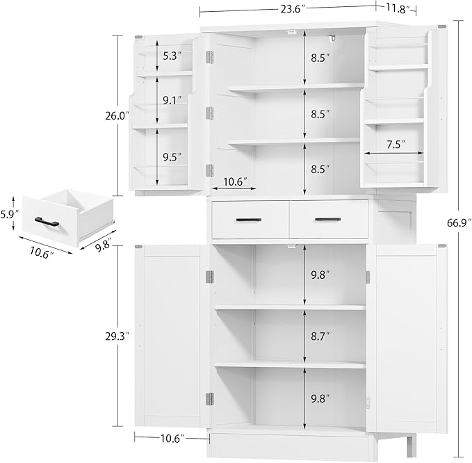 Farmhouse Pantry Cabinet, 66.9″H Tall Kitchen Storage Cabinet with Barn Doors, Adjustable Shelves & Drawer, Freestanding Cupboard for Kitchen, Dining Room, Living Room, Bathroom, White