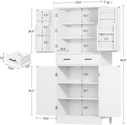 Farmhouse Pantry Cabinet, 66.9″H Tall Kitchen Storage Cabinet with Barn Doors, Adjustable Shelves & Drawer, Freestanding Cupboard for Kitchen, Dining Room, Living Room, Bathroom, White