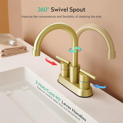 Faustina Brushed Gold Bathroom Faucet, 4 Inch Centerset Faucets for Sink 2 Holes 3 Holes，Two Handles 304 Stainless Steel Faucet with Pup up Drain Assembly and 2 Water Supply Lines for RV Vanity