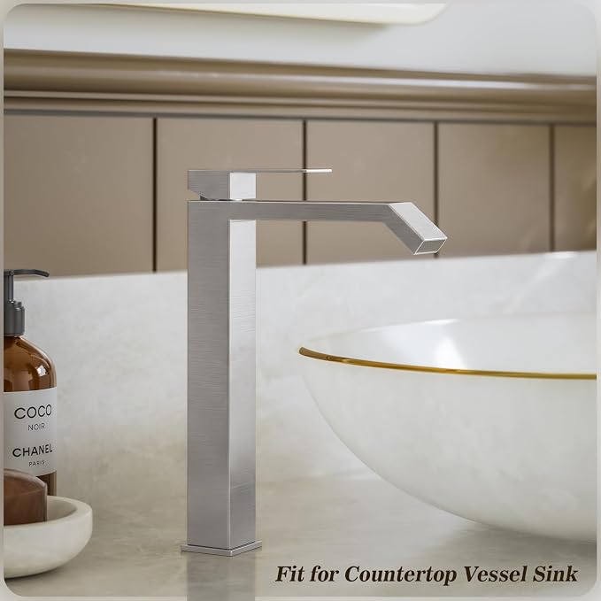 Brushed Nickle Single Hole Above Counter Sink Bathroom Faucet,Single Handle Square Tall Bathroom Vessel Faucet with Waterfall and Pop Up Drain Without Overflow,FH05-BN-V