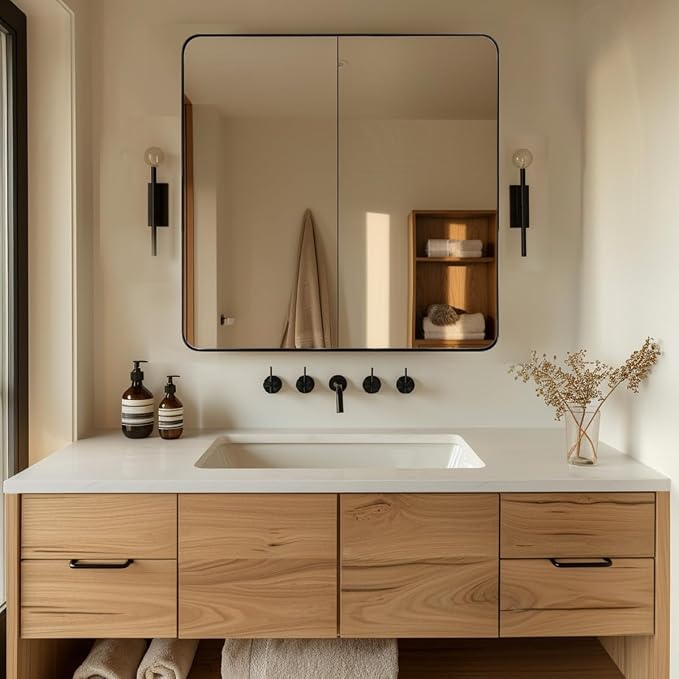 Square Wall Mirror for Bathroom, 24”x24” Matte Black Bathroom Mirror, Rounded Corner Metal Mirror in Premium Stainless Steel Frame Hangs Horizontal Or Vertical