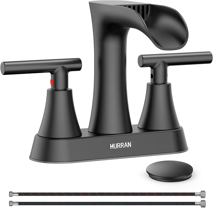 Waterfall Bathroom Faucets 3 Hole, HURRAN 4 Inch Centerset Bathroom Sink Faucet with Pop-up Drain, Stainless Steel 2 Handle Modern Sink Faucet Mixer Tap for Vanity RV Restroom Basin, Matte Black