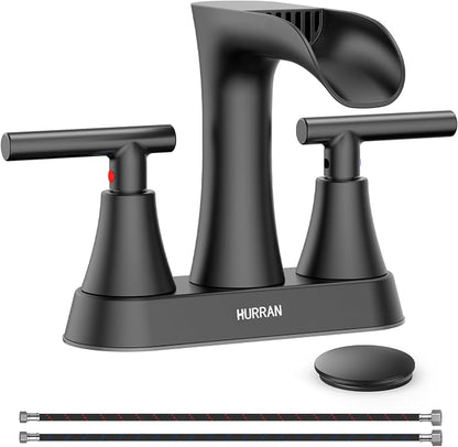 Waterfall Bathroom Faucets 3 Hole, HURRAN 4 Inch Centerset Bathroom Sink Faucet with Pop-up Drain, Stainless Steel 2 Handle Modern Sink Faucet Mixer Tap for Vanity RV Restroom Basin, Matte Black