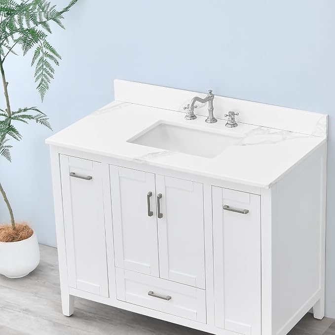 42 in. W x 22 in D Quartz Vanity Top in Calacatta Rocky, Vanity Sink Top with Assembled Single Drop-in Sink, Pre-Drilled Widespread Faucet Holes Countertop with 4" H Backsplash
