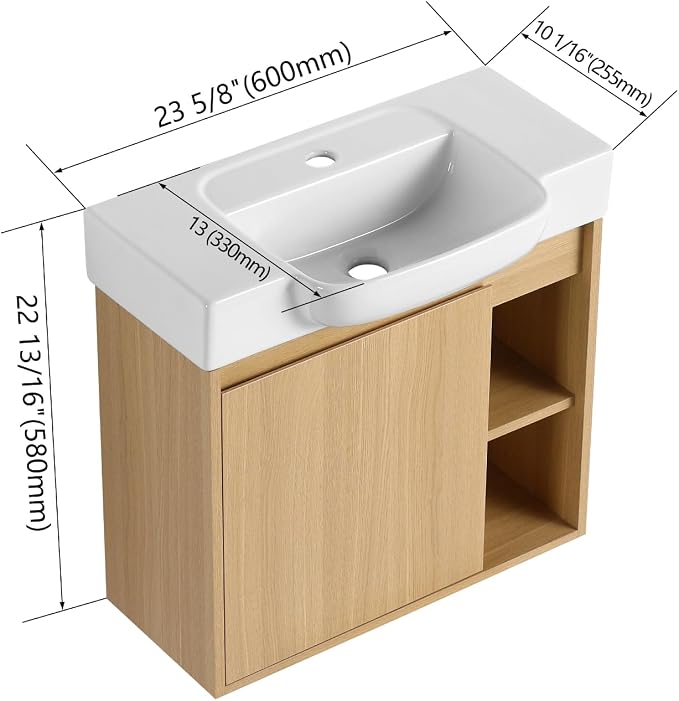24" Bathroom Vanity with Ceramic Sink, Farmhouse Cabinet, Light Oak | Ceramic Sink, Soft-Close Door, Interior Compartment and 2-Tier Open Side Shelves, 45° Inclined Edge Handle