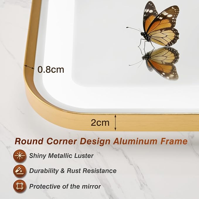 36x48 Inch LED Bathroom Mirror with Gold Frame,Front and Backlit Vanity Mirror, Stepless Dimmable Wall Mirrors with Anti-Fog, 3 Colors, Memory, Waterproof, LED Smart Bathroom Mirror