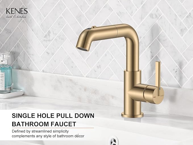 Champagne Bronze Pull Down Bathroom Faucet 1 Handle Vanity Faucet | Pull Out Bathroom Faucet with Pop Up Drain & 6 Inch Deck Plate, Lead-Free cUPC & NSF Certified, 1 Hole Faucet for Vanity RV