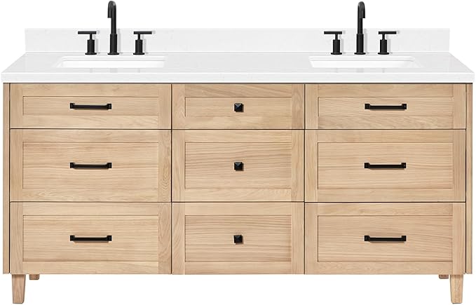 ARIEL Monroe 72-inch Bathroom Vanity with Sink,Solid Wood, 1.5-inch Carrara White Quartz Countertop & Backsplash, Double Oval Porcelain Sink, 9 Dovetail Drawers, Matte Black, White Oak