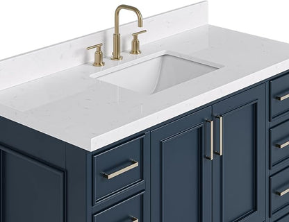 Langford 48-inch Midnight Blue Bathroom Vanity with Center Rectangle Single Sink, Carrara White Quartz Countertop & Backsplash, Solid Wood Frame, Soft-Closing & Dovetail Drawers