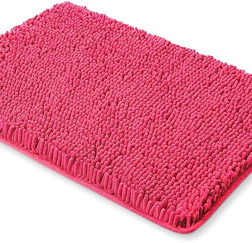 Yeaban Chenille Hot Pink Bathroom Rug 26"x44", Non-Slip Rubber Backing