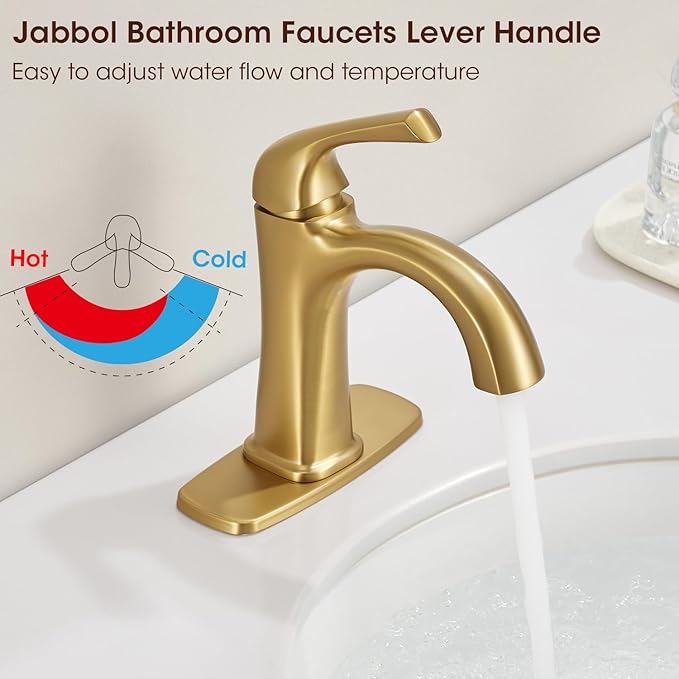 Brushed Gold Single Hole Bath Room Faucets,Brushed Gold Bathroom Faucet,Single Handle Brass Sink Faucet Bathroom for 1 or 3 Holes,with Pop Up Drain Supply Hose for Vanity,Lavatory RV Farmhouse