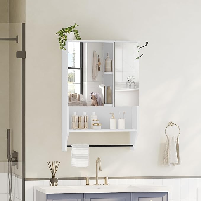 Bathroom Wall Cabinet with Mirror, Medicine Cabinet with 2 Door and Adjustable Shelf, Wall Mounted Over The Toilet Storage Cabinet for Bathroom Laundry Room Kitchen, 18.9"W x 26.2"H, White