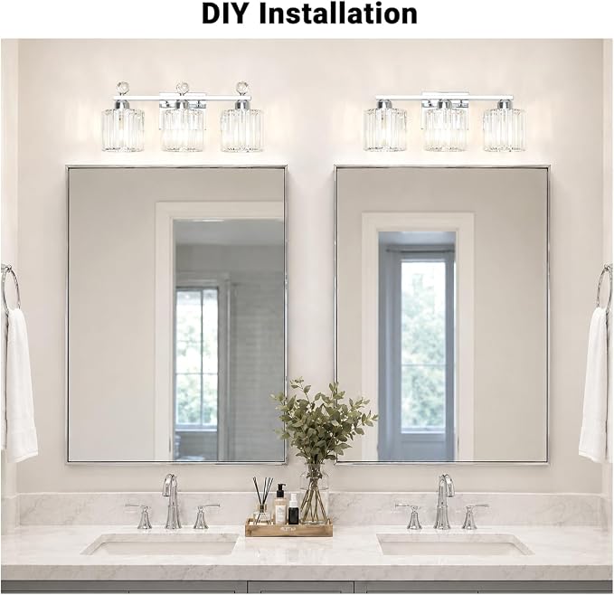 Lxybcce Modern Crystal Bathroom Vanity Light, 3-Lights Bathroom Light Fixtures, 19.34In Chrome Vanity Light Fixtures Over Mirror, Easy Installation & Dimmable Lighting