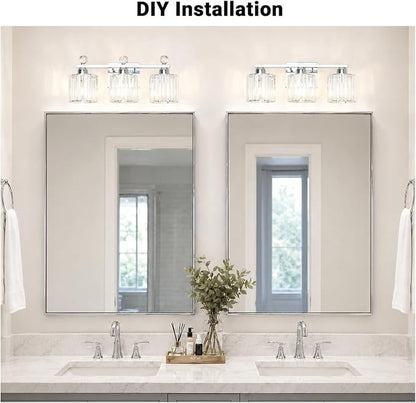 Lxybcce Modern Crystal Bathroom Vanity Light, 3-Lights Bathroom Light Fixtures, 19.34In Chrome Vanity Light Fixtures Over Mirror, Easy Installation & Dimmable Lighting