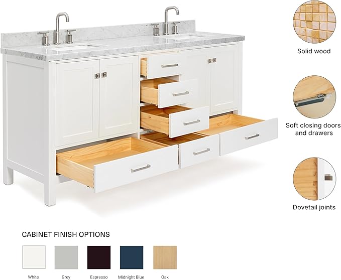 ARIEL Cambridge 72-inch Bathroom Vanity with Sink,Solid Wood, 1.5-inch Italian Carrara Marble Countertop, Double Rectangular Porcelain Sink, 4 Soft Closing Doors, 6 Dovetail Drawers, White
