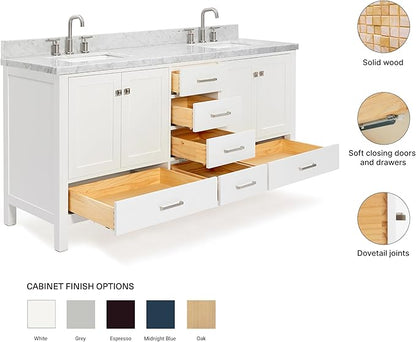 ARIEL Cambridge 72-inch Bathroom Vanity with Sink,Solid Wood, 1.5-inch Italian Carrara Marble Countertop, Double Rectangular Porcelain Sink, 4 Soft Closing Doors, 6 Dovetail Drawers, White