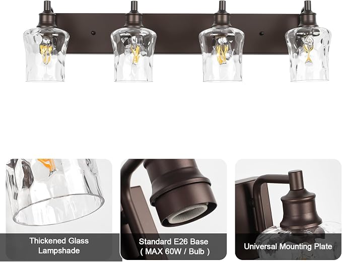 Bathroom Light Fixtures Farmhouse Oil Rubbed Bronze Vanity Lights for Bathroom Lighting Fixtures Over Mirror with Hammered Glass Lampshade for Cabinet Mirror Bedroom Hallway 4 Light