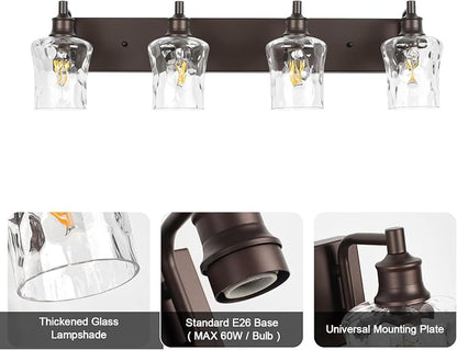 Bathroom Light Fixtures Farmhouse Oil Rubbed Bronze Vanity Lights for Bathroom Lighting Fixtures Over Mirror with Hammered Glass Lampshade for Cabinet Mirror Bedroom Hallway 4 Light