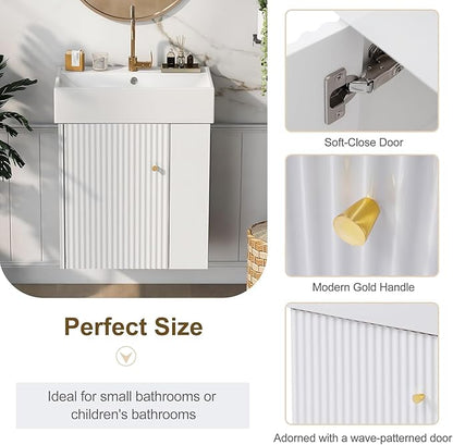 21.6 in Floating Bathroom Vanity with Sink,Soft Closing Doors,Solid Wood Frame & MDF Modern Single Small White Bathroom Vanity Cabinet with Open Shelf,Wall Mounted